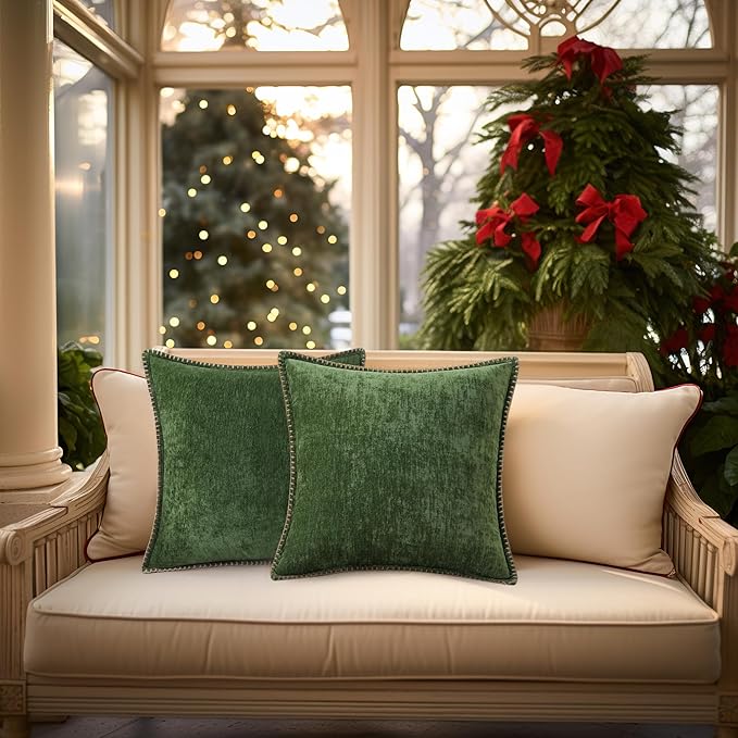 decorUhome Christmas Chenille Soft Throw Pillow Covers 20x20 Set of 2, Farmhouse Velvet Neutral Decorative Euro Fall Pillow Covers with Stitched Edge for Couch Sofa Bed Home Decor, Forest Elf