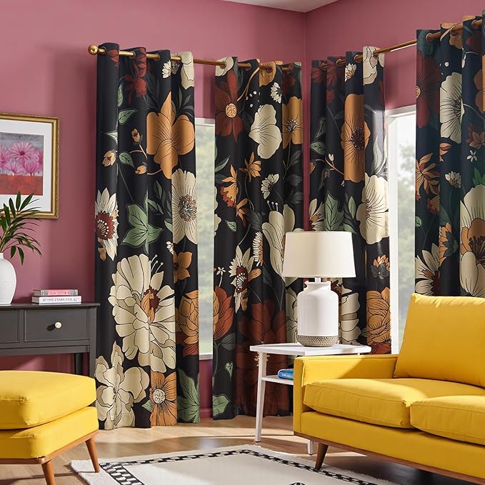 jinchan Lora Floral Curtains for Bedroom Blackout Drapes for Living Room Darkening Fabric Fall Decor Winter Vintage Flower Pattern Printed Window Curtains 84 Inches Length 2 Panels with Grommet Black
