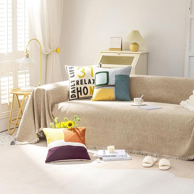 VClife Beige Couch Cover for Sofa 1 Piece Modern Minimalism Couch Cover for 3 Cushion Couch Sofa Slipcover Washable Soft Chenille Sofa Covers Furniture Protector for Bedroom Living Room 71''x150''