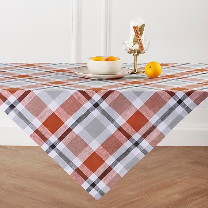 Solino Home Linen Plaid Tablecloth 52 x 52 Inch - 100% Pure Linen Cinnamon Square Tablecloth - Autumn, Thanksgiving, Holiday, Fall Buffalo Check Machine Washable Table Throw