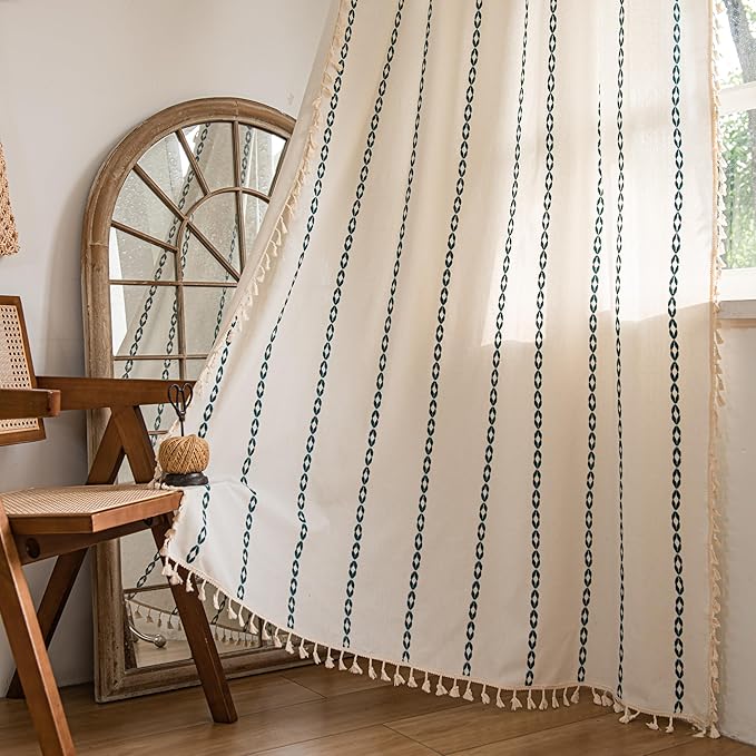 Sutuo Home Boho Curtains for Bedroom Living Room 90 Inches Long,Bohemian Curtain,Light Filtering Country Rustic Semi Blackout Farmhouse Drape Rod Pocket, 1 Panel W52 x L90,White and Hunter Green