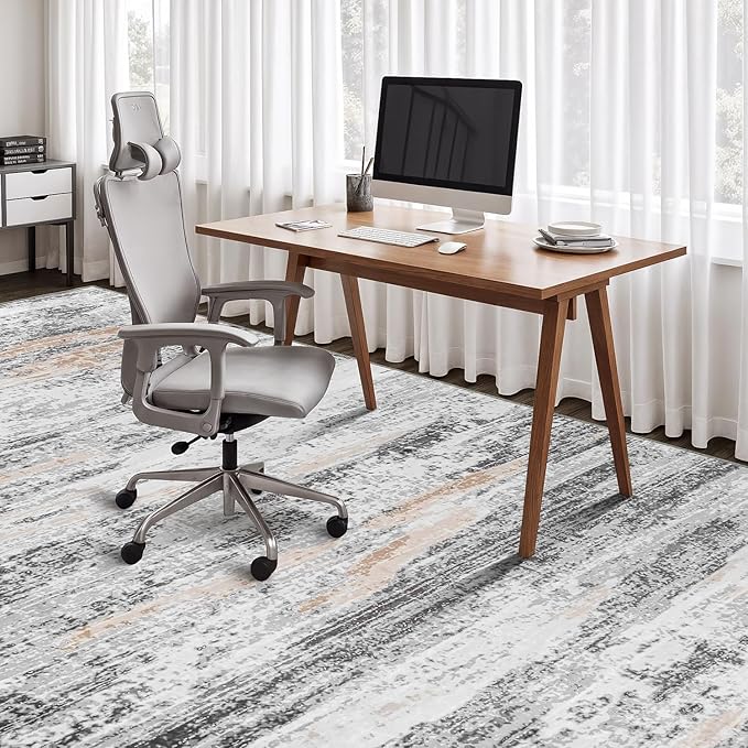 Rugflix 8x10 Large Area Rugs, Abstract Washable Rug for Living Room, Soft Low Pile Carpet, Non-Slip, Stain Resistant, Neutral Beige Grey Indoor Rug for Bedroom, Dining Room, Home Office