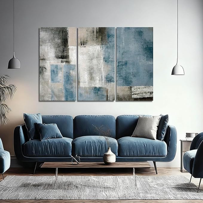 SDYA Abstract Canvas Wall Art Grey and Blue Wall Decor Modern Canvas Painting 20"x40"x3p Decorations for Bedroom Office Artwork