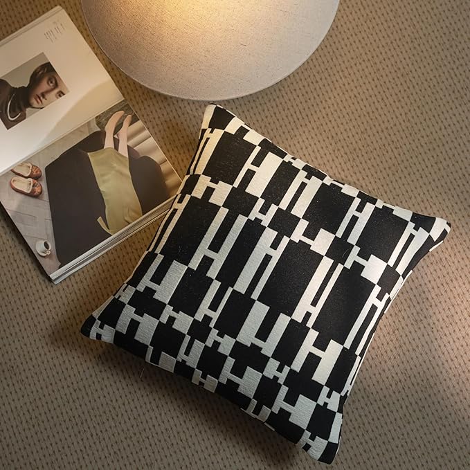 New 18x18'' inches Throw Pillow Cushion Covers - White H Letter Black Color Chenille Jacquard Embroidery Luxury Modern Style Couch Sofa Bed Pillow Cover for Living Room Bedroom
