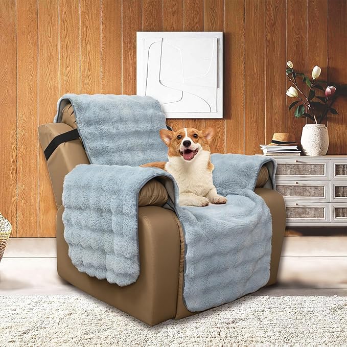 Plush and Fuzzy Shaggy Couch Cover, Dog Pad Faux Fur Sofa Cover, Water Resistant Slipcover, Non-Slip Furniture Protector for Kids,Dogs,Cats.(Light Gray-Bubble, Large Recliner)