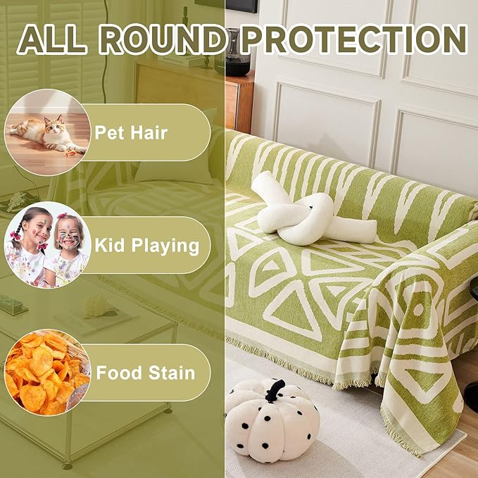 VClife Couch Cover Sofa Cover for Dog, Boho Green Couch Covers for 2 Cushion Couch Sofa, Living Room Sofa Slipcover Chenille Sofa Cover with Tassel, Washable Couch Cover for Loveseat, 91x118