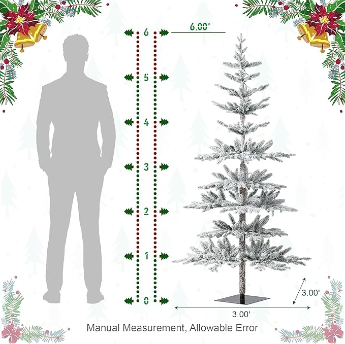 Glitzhome Prelit Christmas Tree, 6ft Flocked Artificial Christmas Tree Serene Snowscape Fir with 300 Warm White Lights for Home, Office, Party Decoration, Metal Hinges & Base, Easy Assembly