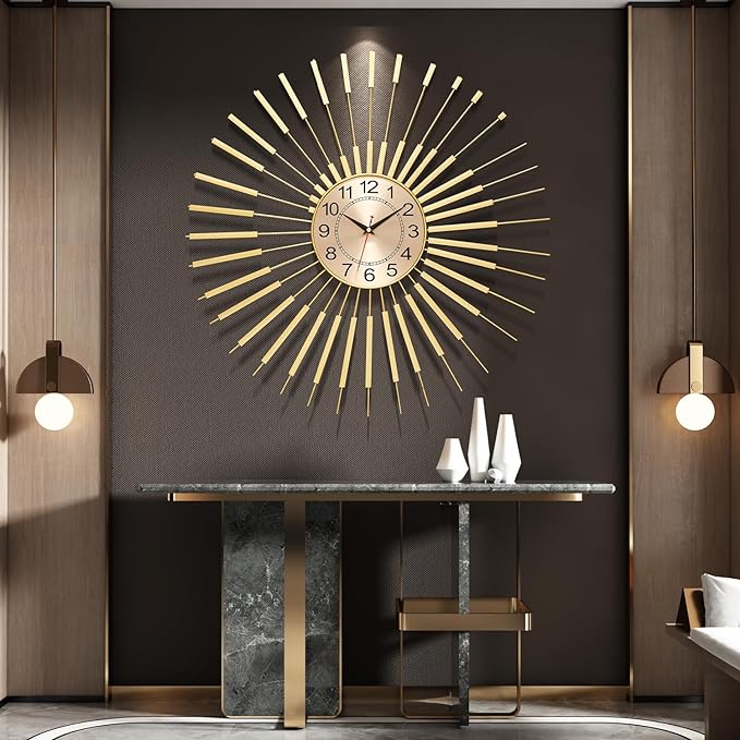 Gold Wall Clock Decor Silent 24" Battery Operated, Mid Century Modern Decorative Clock Metal Hanging for Living Room Bedroom Office