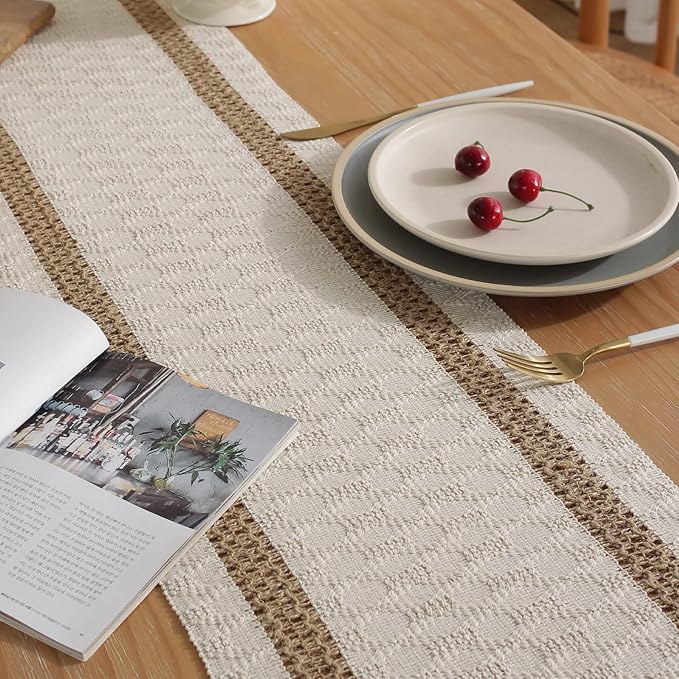 Boho Burlap Macrame Table Runner, Farmhouse Style Cotton Linen Rustic Woven Table Runner with Tassels for Dining, Wedding, Bridal Shower, Bohemian (12x72 inch, Off-White)