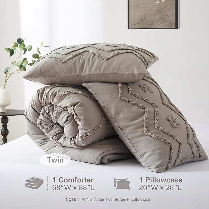 Oli Anderson Boho Tufted Comforter Set Twin Size, 2 Pcs Soft Jacquard Bedding Set for All Seasons, Shabby Chic Farmhouse Bedding Set with Comforters for All Seasons (Grey, Twin)