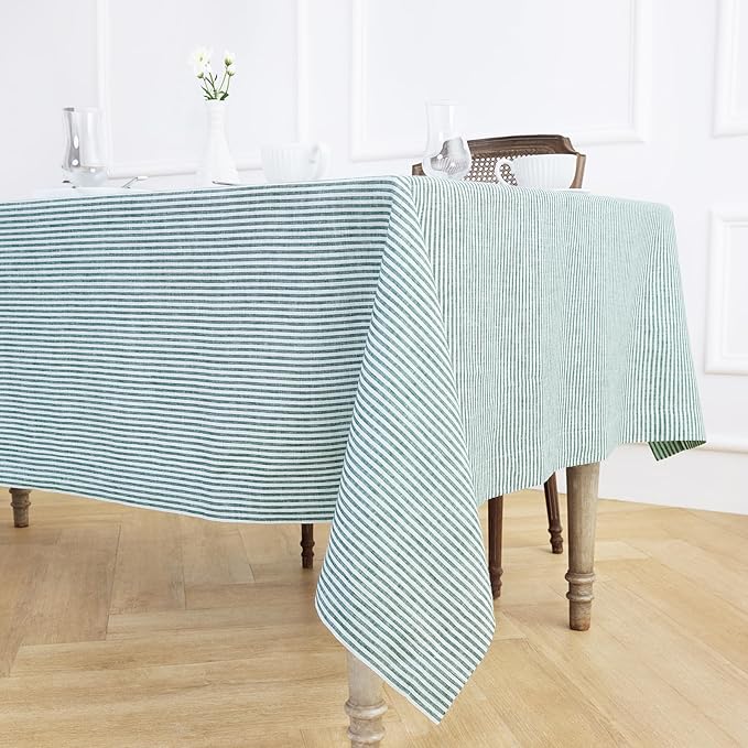 Solino Home Linen Striped Tablecloth 60 x 120 Inch - 100% Pure Linen Rainforest and White Table Cloth for Rectangle Tables - Narrow Stripe, Machine Washable Tablecloth for Christmas