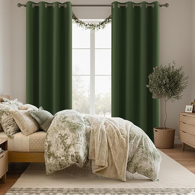 KOUFALL Dark Olive Green Blackout Curtains 84 Inches Long Moss Green Vintage Curtain with Bronze Gold Grommets,Natural Boho Mid Century Modern Curtains & Drapes for Living Room Bedroom