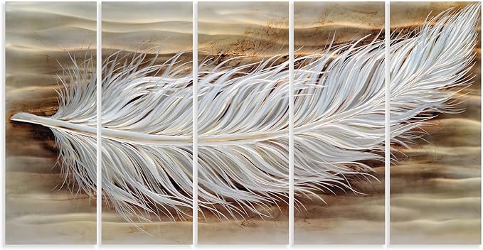 Yihui Arts Rustic Metal Wall Art - Feather 3D Aluminum Still Life Sculpture for Living Room or Farmhouse Bedroom Decor