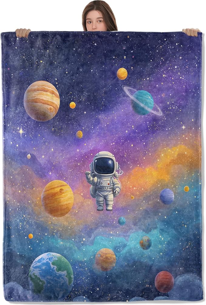Cartoon Astronaut Flannel Throw Blanket, 50"x60", Colorful Galaxy Planet, Soft Warm Lightweight Blankets, Machine Washable, Kids Gifts, Outdoor Indoor Travel Hiking Nap Throw, Home Decorate
