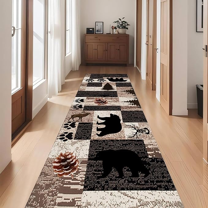 Rustic Lodge Runner Rug,3.3x7ft,Western Country Bear Elk Deer Wildlife Log Design,Forest Landscape Hunting Theme Rug,with Non Slip Backing Washable Rugs, Non Slip Pet Friendly Rug for Hallway