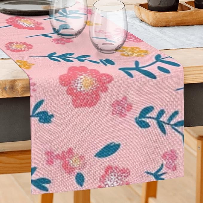 Pink Flower Table Runner 13x72 Inches Vintage Floral Faux Linen for Kitchen Dining Table Decor Wedding Birthday Party Holiday Celebration