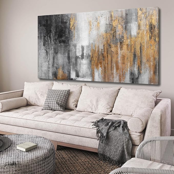 YJYart Black and Gold Wall Art - Hand Painted Painting - Vintage Decor for Living Room -Abstract Picture for Bedroom Office Hotel 24x48 Inch