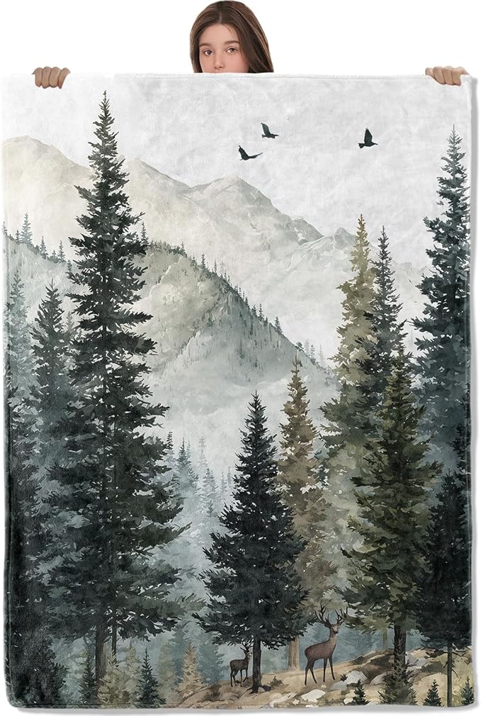 Forest Flannel Throw Blanket, 40"x50", Pine Tree and Deer, Soft Warm Lightweight Blankets, Machine Washable, Nature Lovers Gifts, Outdoor Indoor Travel Hiking Nap Throw, Home Decorate
