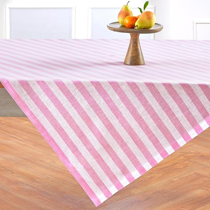 Solino Home Linen Square Tablecloth 52 x 52 Inch - Sorrento Stripe, 100% Pure Linen Chateau Rose and White Table Throw - Machine Washable Tablecloth