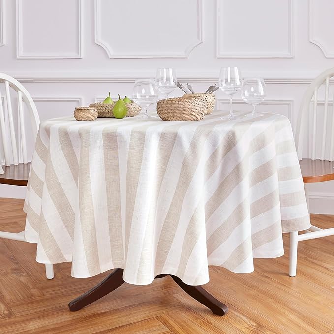 Solino Home Linen 60 Inch Round Tablecloth - Cabana Stripe, 100% Pure Linen Natural and White Round Tablecloth - Machine Washable Table Cloth for Fall, Autumn, Thanksgiving