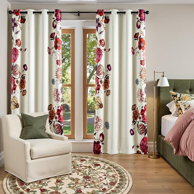jinchan Hannah Floral Blackout Curtains with Retro Vintage Flower Print Drapes for Bedroom Living Room Fall Decor Winter Window Curtains Room Darkening 84 Inches Length 2 Panels with Grommet Eggshell