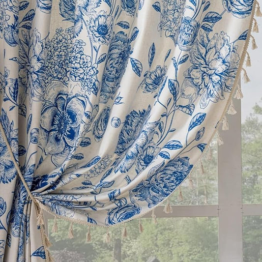 F-CHU Boho Curtains for Living Room 96 Inch Length French Country Floral Drapes Farmhouse Rustic Vintage Window Curtain Panels for Bedroom Chic Cotton Linen Closet Curtains，2 Panel Blue Curtain