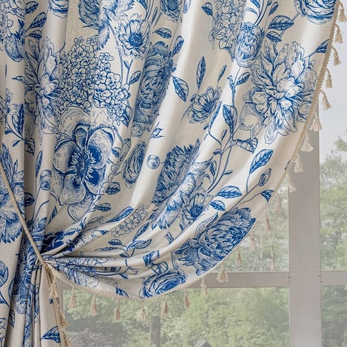 F-CHU Blue Floral Farmhouse Curtains Living Room Drapes 84 Inch Length Cotton Linen Boho Window Curtain with Tassel Rod Pocket Bedroom Macrame Drapes Flower Curtains, 2 Panel Blue Curtain
