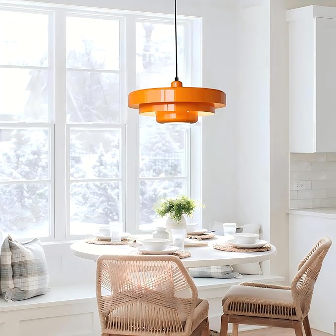 Modern Large Pendant Light Fixture, 17.7 inch Vintage Orange Ceiling Hanging Lamp with 3-Layer Metal Shade, Height Adjustable, Mid Century Chandelier for Kitchen Island Lighting,Dining Room