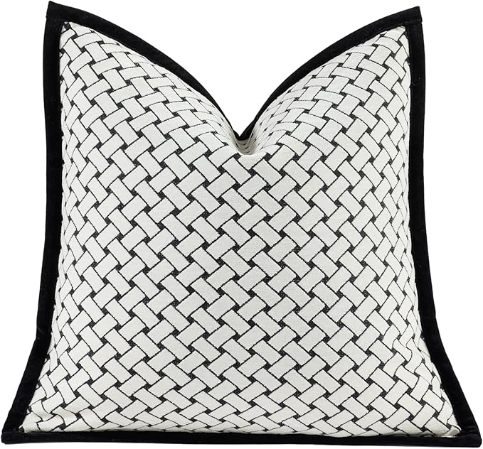 New 22x22'' inches Throw Pillow Cushion Covers - Woven Grid Black Chenille Jacquard Embroidery with Edge Strip Luxury Modern Style Couch Sofa Bed Pillow Cover for Living Room Bedroom