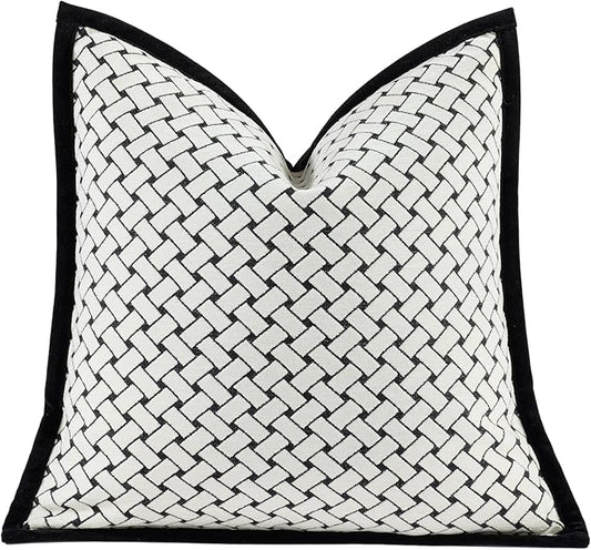 New 22x22'' inches Throw Pillow Cushion Covers - Woven Grid Black Chenille Jacquard Embroidery with Edge Strip Luxury Modern Style Couch Sofa Bed Pillow Cover for Living Room Bedroom