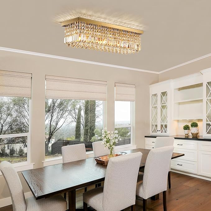 Siljoy 6-Light Modern Crystal Chandelier, Gold Rectangular K9 Crystal Raindrop Chandelier Flush Mount Ceiling Light Fixture for Dining Room Living Room Kitchen Island L31.5'' x W10'' x H10''