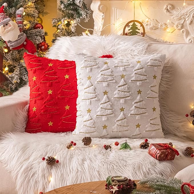AQOTHES Christmas Tree Decorative Red White Throw Pillow Covers 18x18 Set of 2, Faux Fur Farmhouse Throw Pillows Cushion Cases for Xmas Winter Holiday Home Decor
