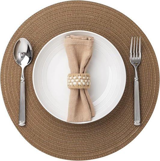 Round Placemats Set of 6 Woven Placemats Washable Braided Table Mats for Dining Table Heat Resistant Non-Slip Circle Place Mats(Brown)