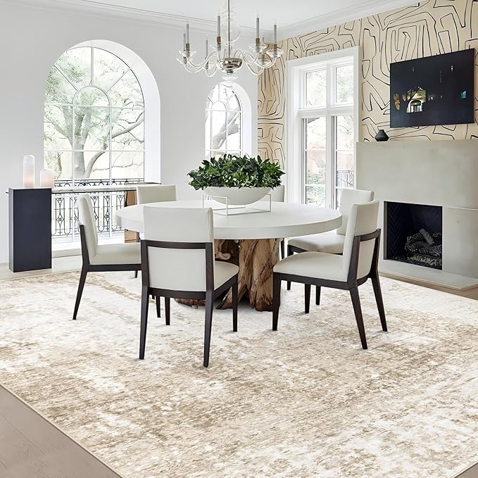 8x10 Area Rugs Washable Rug, Soft Modern Abstract Rugs for Living Room Large Low Pile Thin Rug Non Slip Indoor Neutral Carpet for Bedroom Dining Room Farmhouse Office Kids Playroom Beige