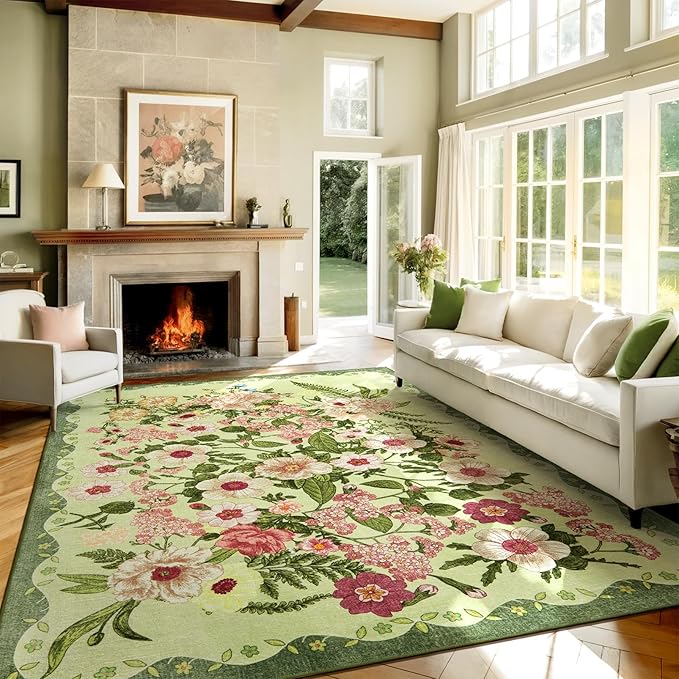 Floral Rugs for Living Room - 9x12 Soft Washable Area Rug Stain Resistant Ultra-Thin Non-Slip Low Pile Farmhouse Vintage Large Carpet for Bedroom Dining Room Nursery Home Office Decor, Green