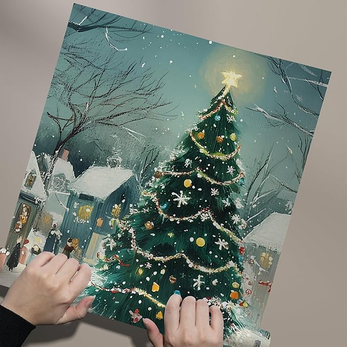 OZCONO Retro Christmas Tree Art, Winter Village Holiday Print, Cozy Seasonal Wall Artwork, Cute and Whimsical Noel Home Decor Idea, Winter Holiday Modern Farmhouse Decoration (Unframed) (24x36)