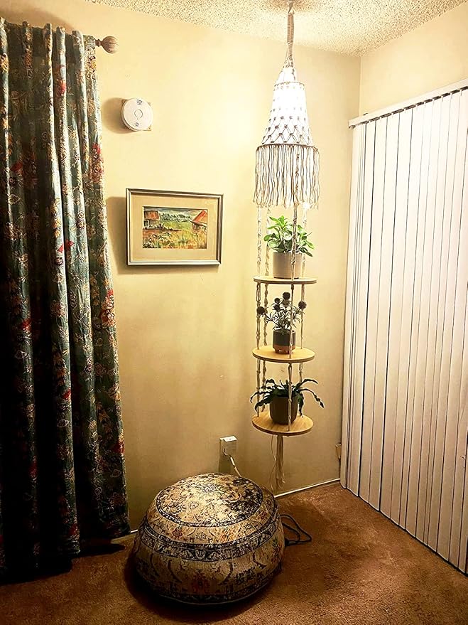 Boho Plug in Pendant Light,Hanging Light with Plug in Cord,Hanging Lamp Macrame Lamp Shade,Dimmable Switch,3 Tier Hanging Plant Shelf Shelves Bohemian Decor for Bedroom Living Room Corner