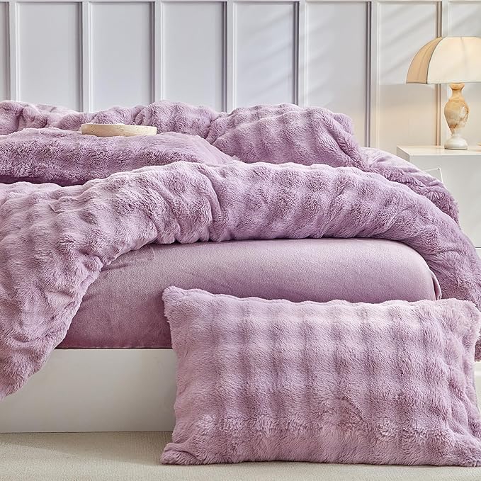 Tokokimo Fluffy Fleece Queen Size Duvet Cover Set, Ultra Soft Reversible Heavyweight Bedding Set, Extra Warm Winter Duvet Cover Set with 2 Pillow Cases, All Season Fuzzy Comforter Cover Set, Purple