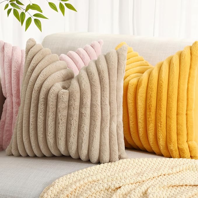decorUhome Faux Fur Christmas Throw Pillow Covers 20x20 Set of 2, Decorative Soft Plush Striped Neutral Couch Euro Pillow Covers with Velvet Back for Sofa, Bed, Living Room Home Decor, Khaki Brown