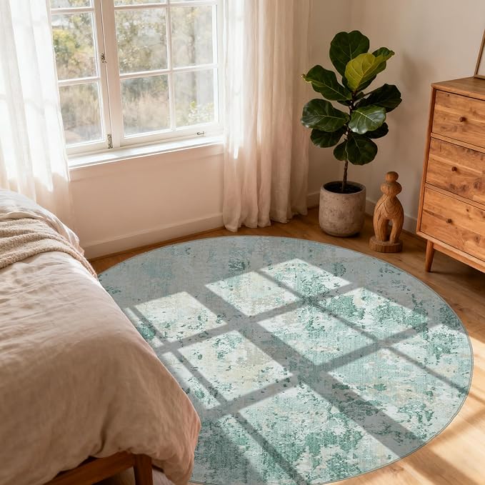 Modern Abstract 8x8 Round Area Rug Non Slip Non Shedding Rug Low Pile Stain Resistant for Bedroom Living Room Office Dining Room,Green