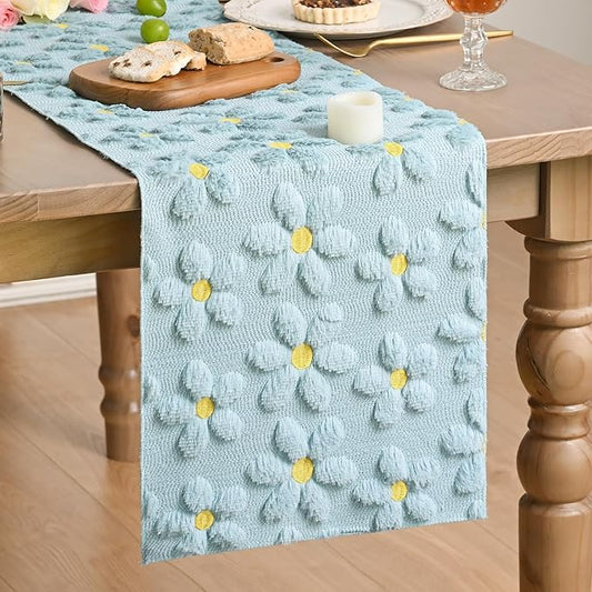 Artoid Mode Blue Soft Plush Faux Fur Jacquard Embroidery Daisy Spring Table Runner, Kitchen Dining Table Decoration for Home Party Decor 13x108 Inch