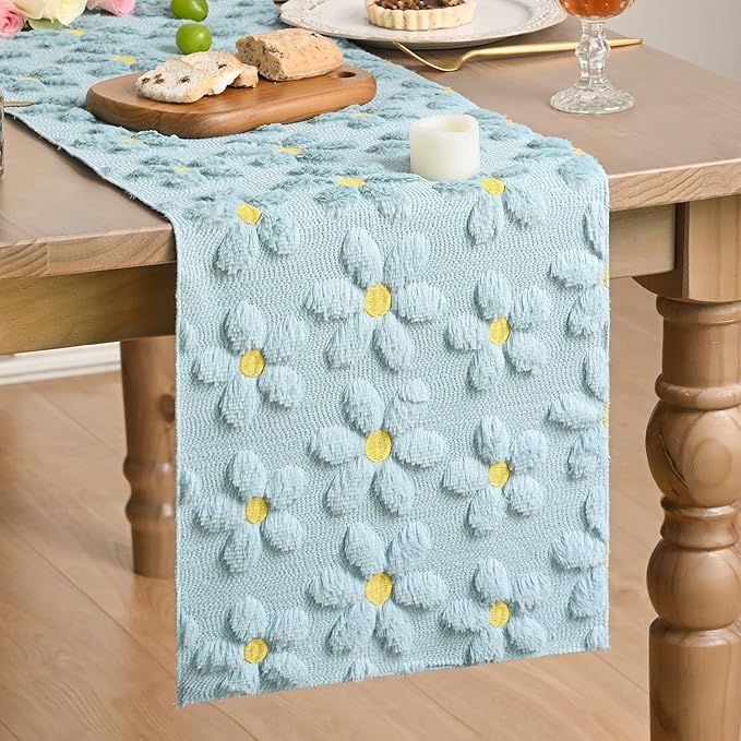 Artoid Mode Blue Soft Plush Faux Fur Jacquard Embroidery Daisy Spring Table Runner, Kitchen Dining Table Decoration for Home Party Decor 13x60 Inch