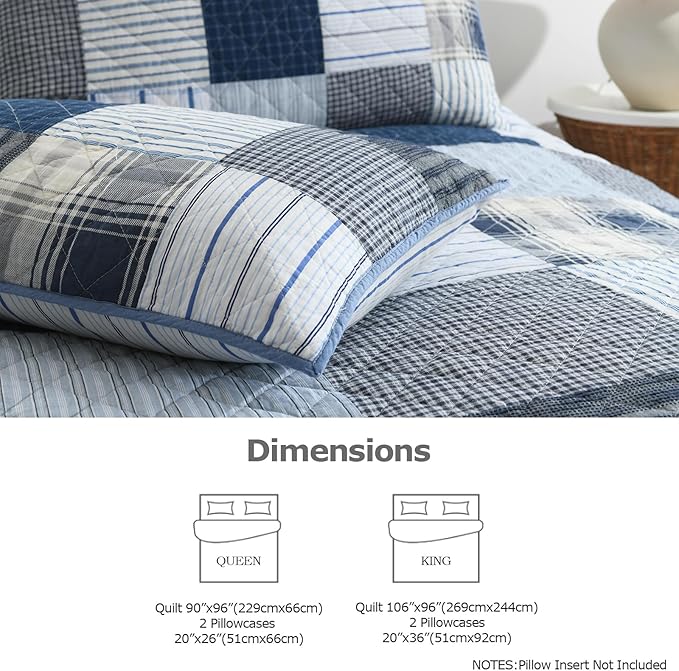 DURLENGEN Blue & Grey Patchwork 100% Cotton King Quilt 3Pcs,Patchwork Blue & Grey Pattern on White,Luxury Lightweight Coverlet Sets for All Season(King 106x96,Blue & Grey Patchwork)