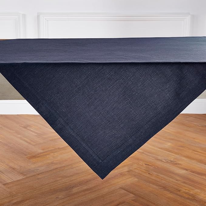 Solino Home Linen Square Tablecloth 52 x 52 Inch - 100% Pure Linen Chambray Navy Table Throw - Athena, Machine Washable Tablecloth for Fall, Autumn, Thanksgiving, Winter