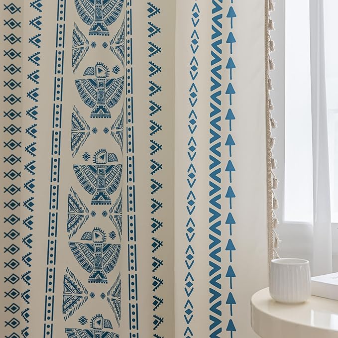 Boho Curtains Geometric Light Filtering Semi-Blackout Window Curtains 102 Inches Long Rod Pocket Drapes for Living Room 2 Panels-Blue Totem