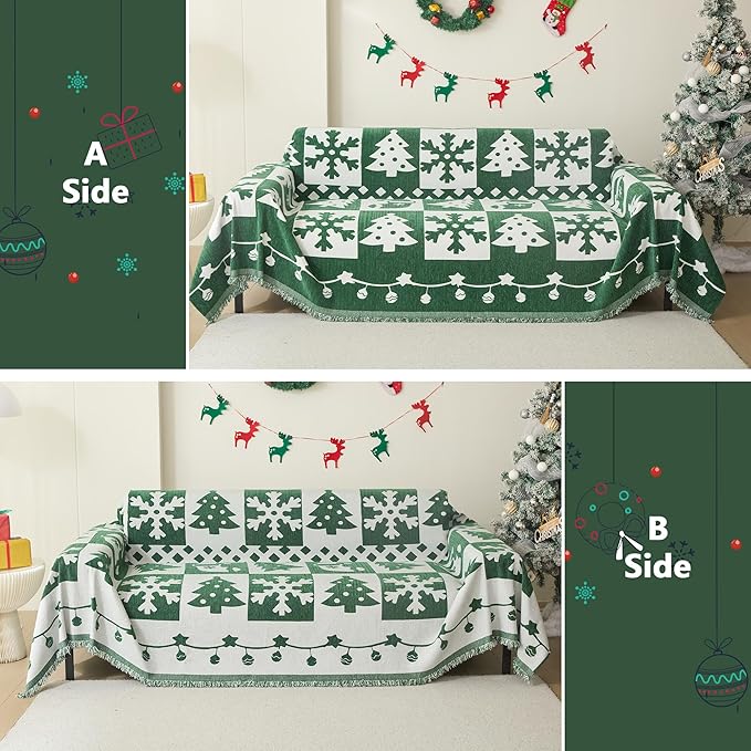 MEETSKY Christmas Couch Cover for Sectional Sofa, Chenille Green Sofa Covers Washable for Pet Friendly Snowflake Christmas Tree Decorative Couch Covers, 71" x 134"
