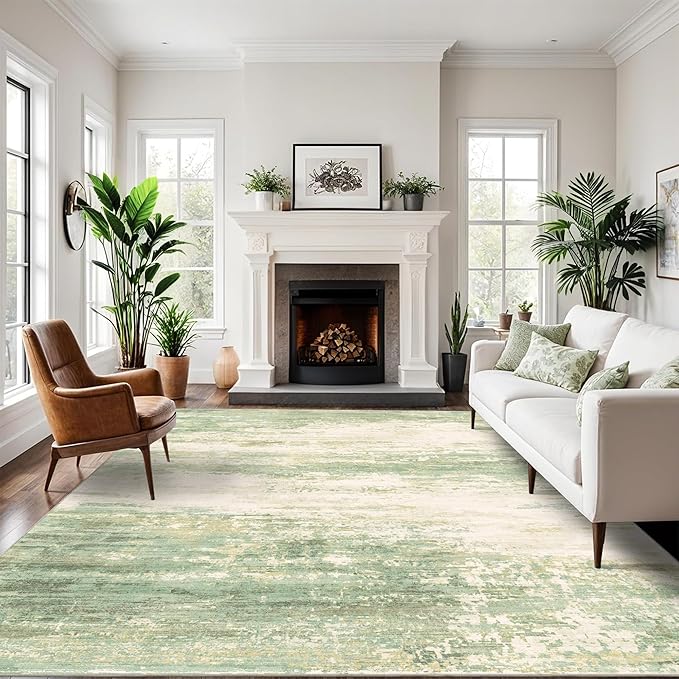 8x10 Modern Abstract Rug Washable Area Rugs for Living Room Bedroom Dining Room Non-Slip Low Pile Neutral Large Rug Soft Indoor Floor Carpet, Green