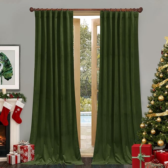 StangH Moss Velvet Curtains 90 inches, Room Darkening Thermal Insulated Sliding Door Drapes Nursery Kids Room Decor Christmas Holiday Backdrops, W52 x L90, 2 Panels
