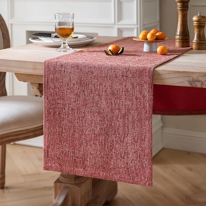 ZeeMart Burlap Style Farmhouse Table Runners 48 Inches Long, Red Rustic Woven Dining Table Runner for Everyday Use, 14x48 Inches, Red