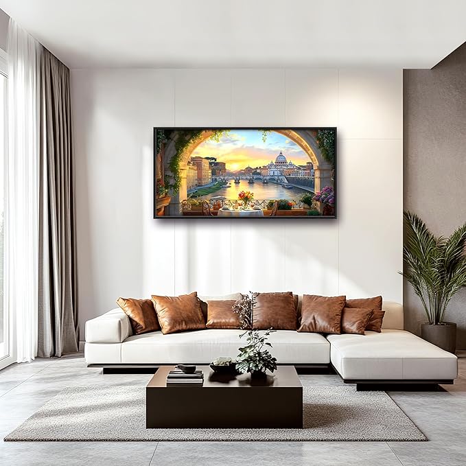 Tiber River in Rome Italy Large Wall Art Framed Wall Decor for Living Room, Cityscape Pictures Oversized Canvas Print Painting Modern Extra Large Framed Artwork for Bedroom Office Home Decor 60"x30"